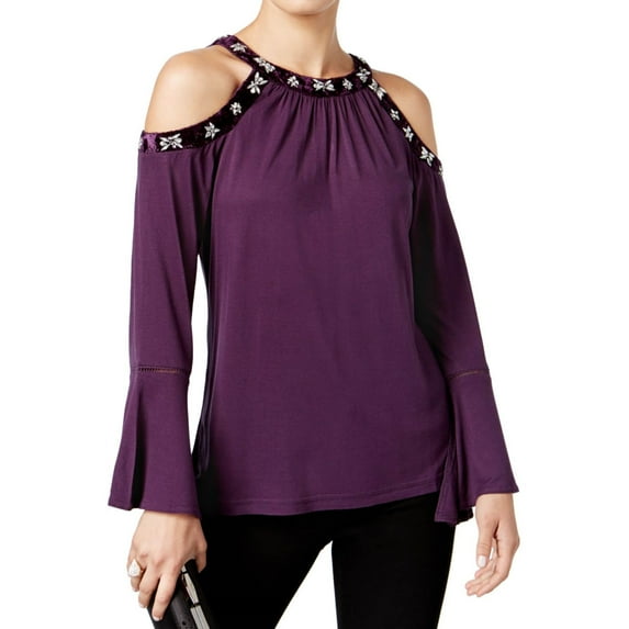 I.N.C Womens Embellished Cold Shoulder Blouse, Purple, Small