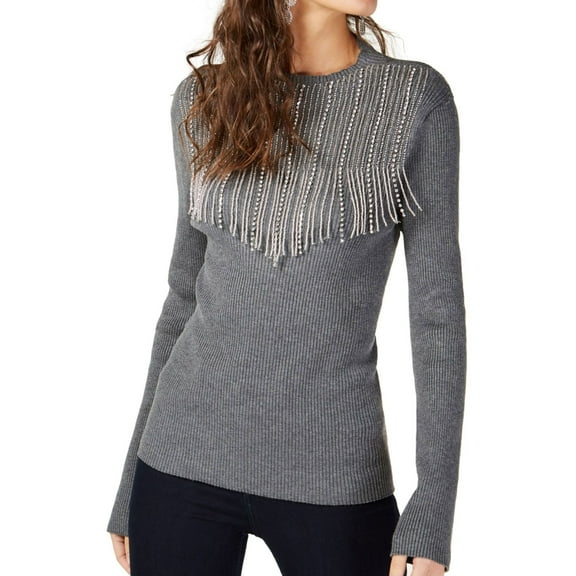 I.N.C Womens Embellished Fringe Pullover Sweater, Grey, Large