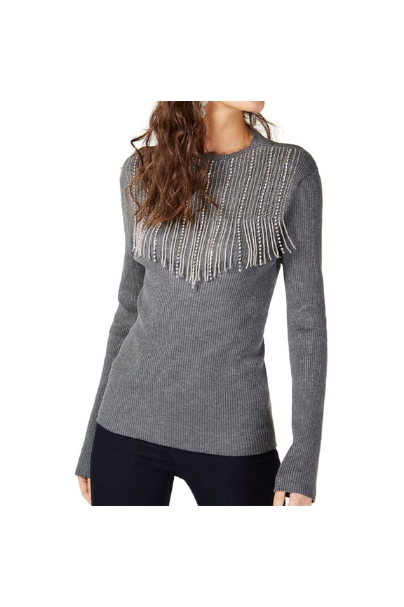 I.N.C Womens Embellished Fringe Pullover Sweater, Grey, Large