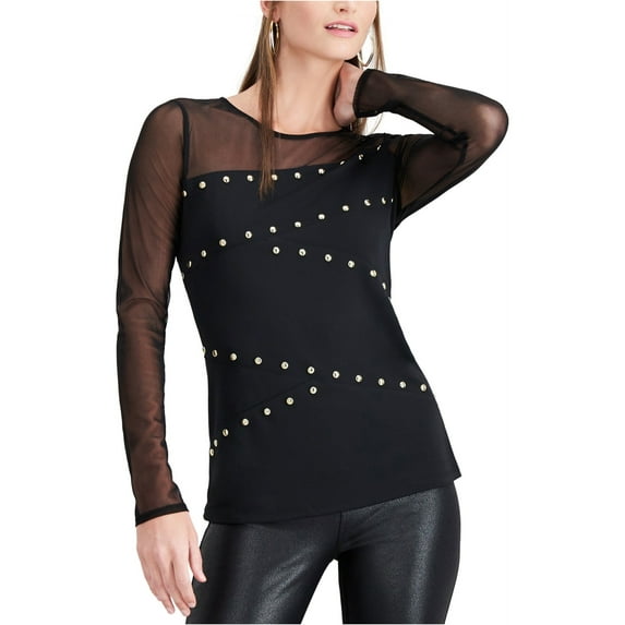 I-N-C Womens Embellished Illusion Pullover Blouse, Black, Large