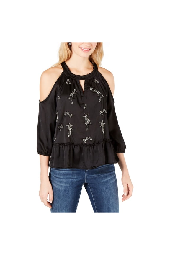 I.N.C Womens Embellished Peplum Blouse, Black, Medium