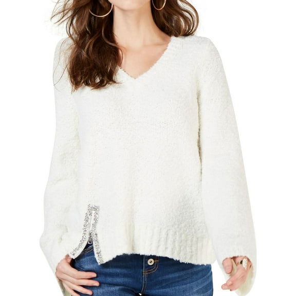 I.N.C Womens Embellished Pullover Sweater, White, Large