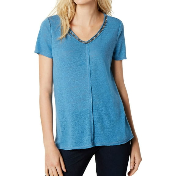 I.N.C Womens Embellished V-Neck Pullover Blouse, Blue, Large
