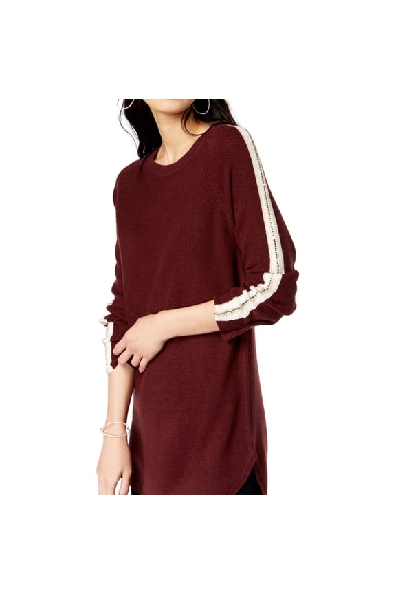 I.N.C Womens Embellished Varsity Striped Pullover Sweater, Red, Small