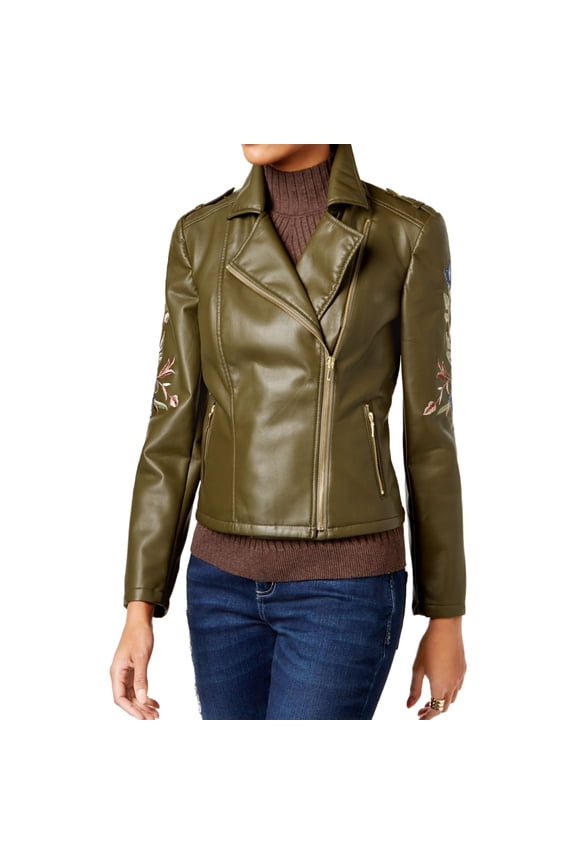 I.N.C Womens Embroidered Motorcycle Jacket, Green, Small