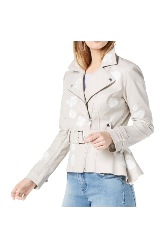 I.N.C Womens Embroidered Motorcycle Jacket, Grey, X-Large