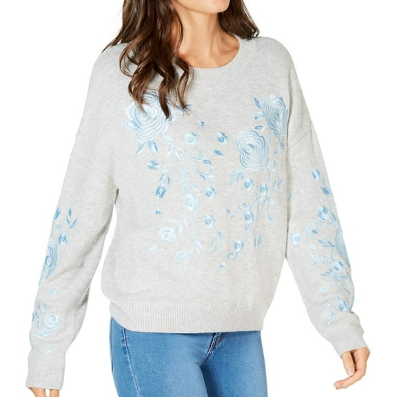 I-N-C Womens Embroidered Pullover Sweater, Grey, X-Large