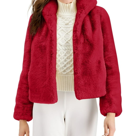 I.N.C Womens Faux Fur Coat, Red, Large