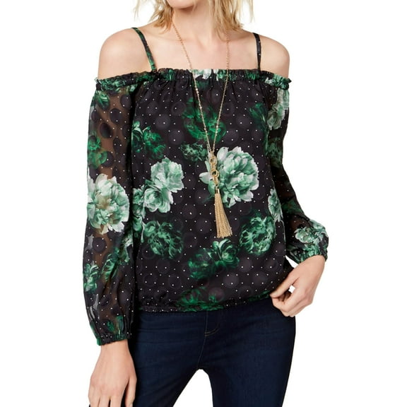 I.N.C Womens Floral Cold Shoulder Blouse, Black, Medium