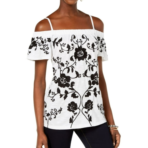 I.N.C Womens Floral Cold Shoulder Blouse, White, XX-Large