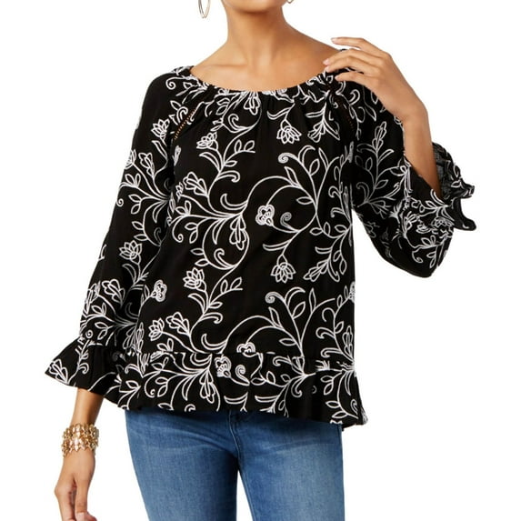 I.N.C Womens Floral Knit Blouse, Black, X-Small