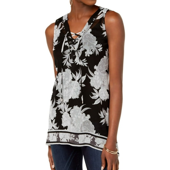 I.N.C Womens Floral Lace Up Sleeveless Blouse Top, Black, Small