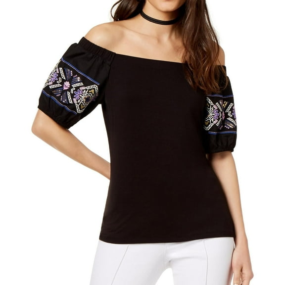 I.N.C Womens Floral Off the Shoulder Blouse, Black, Small