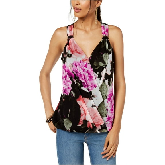 I-N-C Womens Floral Print Tank Top, Black, Medium