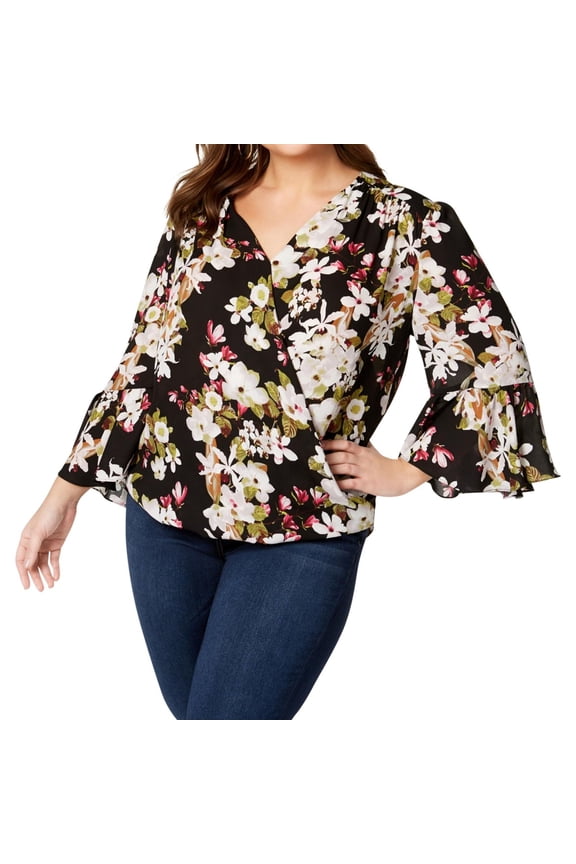 I.N.C Womens Floral Pullover Blouse, Black, Plus Size, 2X