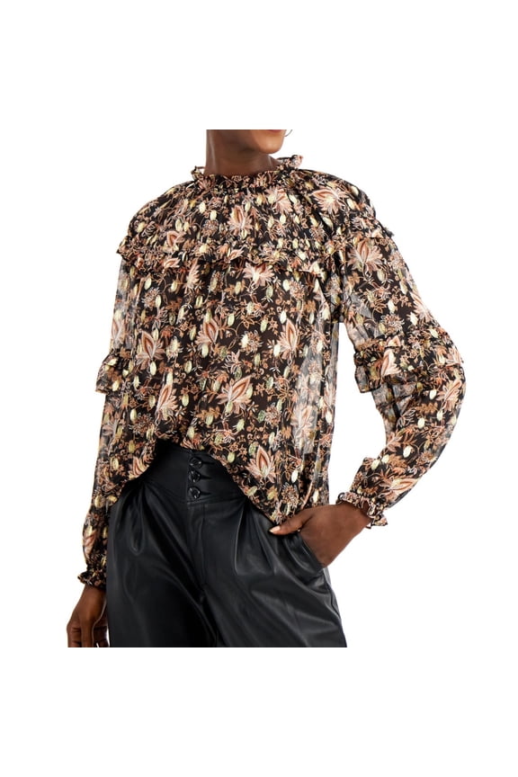 I.N.C Womens Floral Ruffled Blouse, Metallic, Large