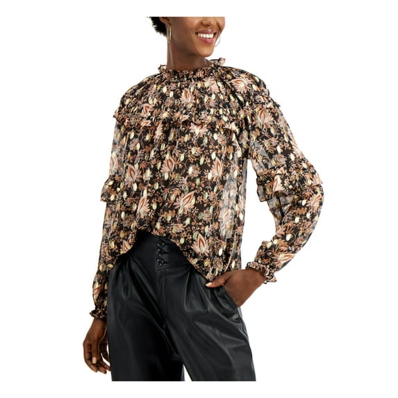 I.N.C Womens Floral Ruffled Blouse, Metallic, X-Large