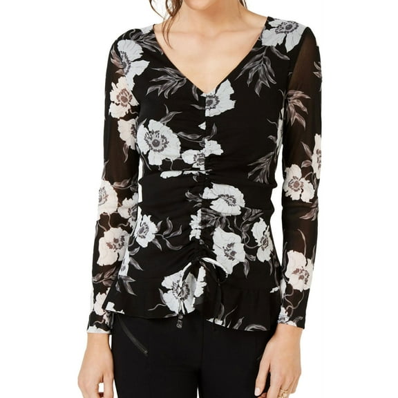 I.N.C Womens Floral Tie-Hem Pullover Blouse, Black, Large