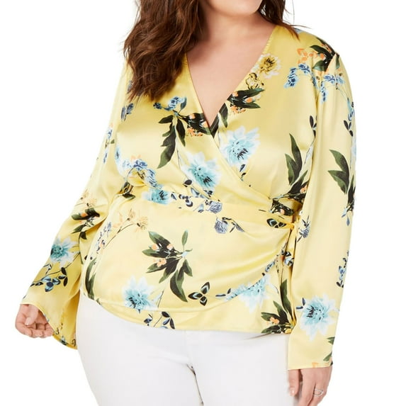 I.N.C Womens Floral Wrap Blouse, Yellow, Plus Size, 3X