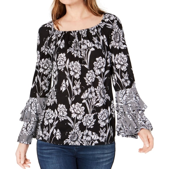 I.N.C Womens Floral tiered Peasant Blouse, Black, X-Small