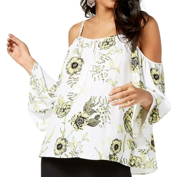 I.N.C Womens Flower Cold Shoulder Blouse, Yellow, Medium