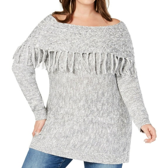 I.N.C Womens Fringed Tunic Sweater, Metallic, Plus Size, 3X