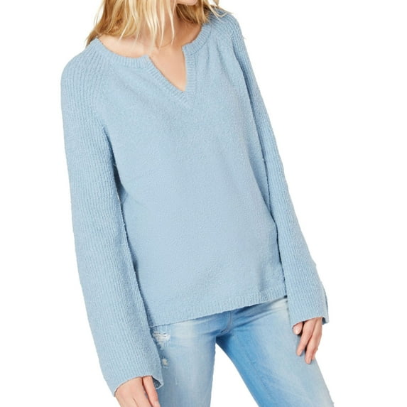 INC Womens Blue Textured Bell Sleeve V Neck Sweater Size: M