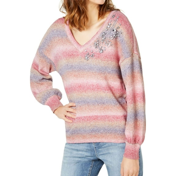 INC Womens Pink Gemstone Embellished Puff Sleev Long Sleeve V Neck Sweater Size XL