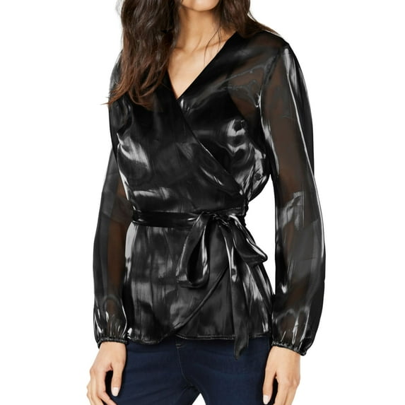 I.N.C Womens Glam Wrap Blouse, Black, X-Small