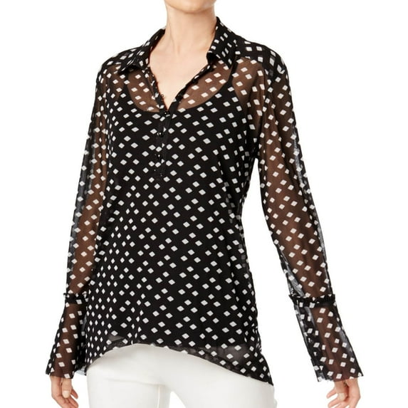I.N.C Womens Gridded Button Up Shirt, Black, XX-Large