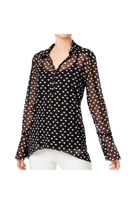 I.N.C Womens Gridded Button Up Shirt, Black, XX-Large