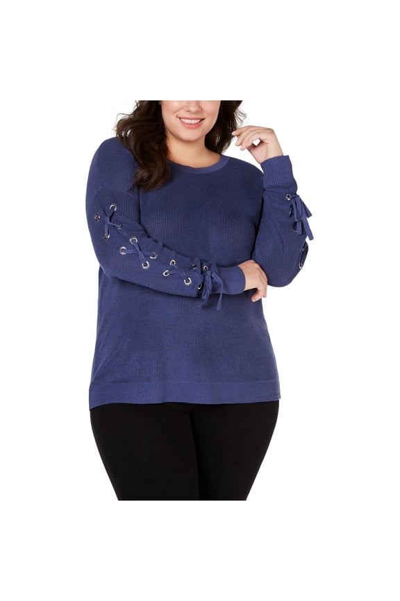 I.N.C Womens Grommet Sleeve Pullover Sweater, Blue, Plus Size, 2X