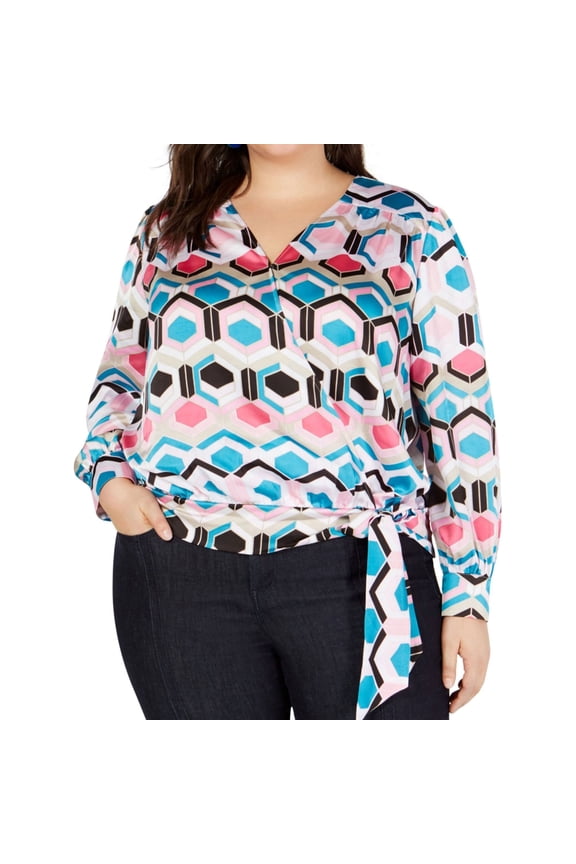 I.N.C Womens Honeycomb Wrap Blouse, Pink, Plus Size, 3X
