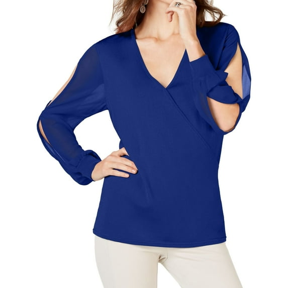 I.N.C Womens Illusion Surplice Pullover Blouse, Blue, Medium