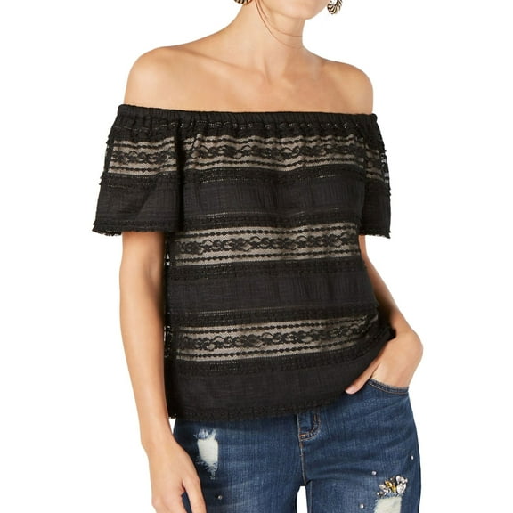 I.N.C Womens Lace Off the Shoulder Blouse, Black, Medium