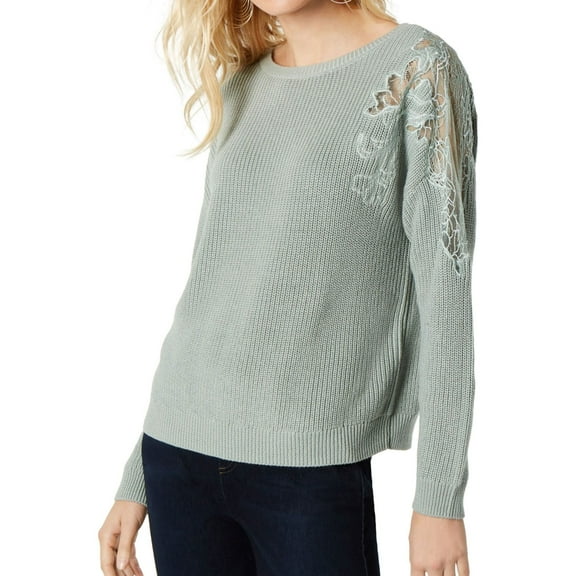 I.N.C Womens Lace Shoulder Pullover Sweater, Green, Large