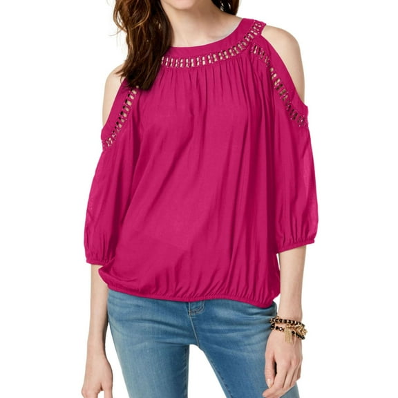 I.N.C Womens Lace Trim Cold Shoulder Blouse, Pink, Small