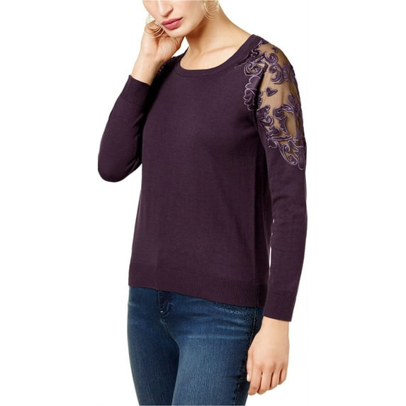 I.N.C Womens Lace Trimmed Knit Sweater, Purple, Small
