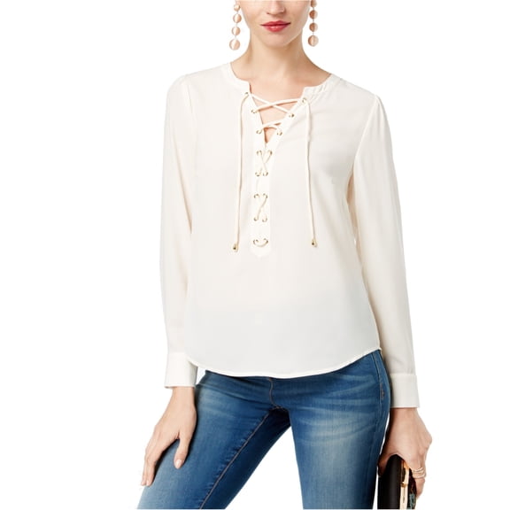 I.N.C Womens Lace-Up Knit Blouse, Off-White, XX-Large