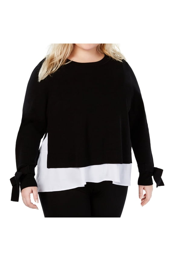 I.N.C Womens Layered-Look Knit Sweater, Black, Plus Size, 1X