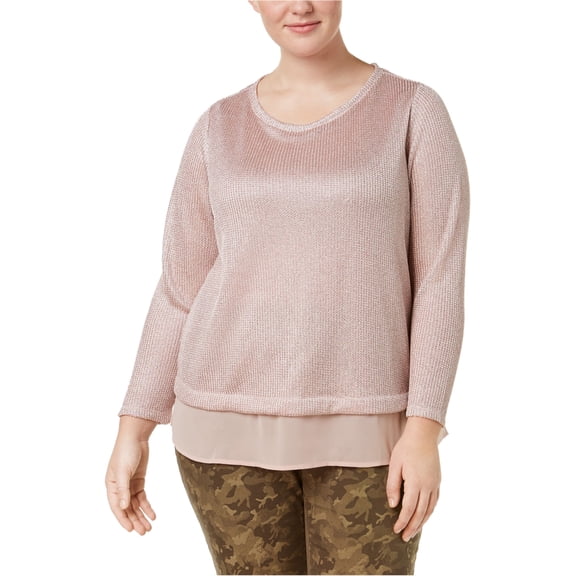 I.N.C Womens Layered Look Metallic Knit Pullover Sweater, Pink, Plus Size, 3X