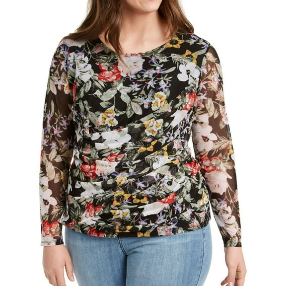 I.N.C Womens Long-Sleeve Wrap Pullover Blouse, Black, Plus Size, 0X