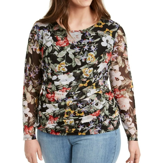 I.N.C Womens Long-Sleeve Wrap Pullover Blouse, Black, Plus Size, 3X