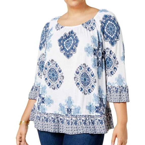 I.N.C Womens Medallion Pullover Blouse, Blue, Plus Size, 0X