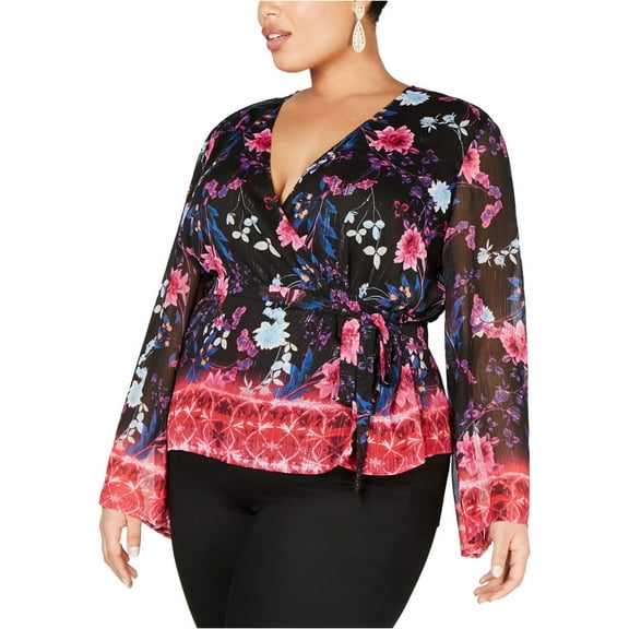 I-N-C Womens Metallic Floral Wrap Blouse, Multicoloured, Plus Size, 3X