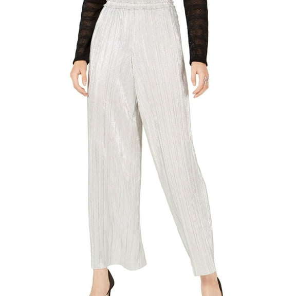 I.N.C Womens Metallic Pleated Casual Wide Leg Pants, Grey, Large