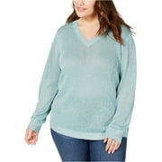 INC International Concepts Women’s Plus Size V-Neck Metallic Sweaters, Green, 2X Plus
