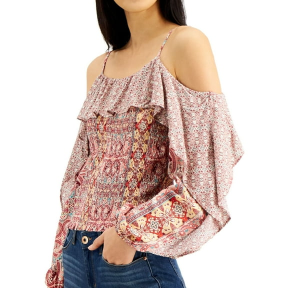 I.N.C Womens Mixed Print Cold Shoulder Blouse, Multicoloured, X-Small