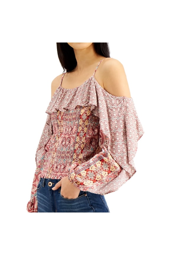 I.N.C Womens Mixed Print Cold Shoulder Blouse, Multicoloured, X-Small