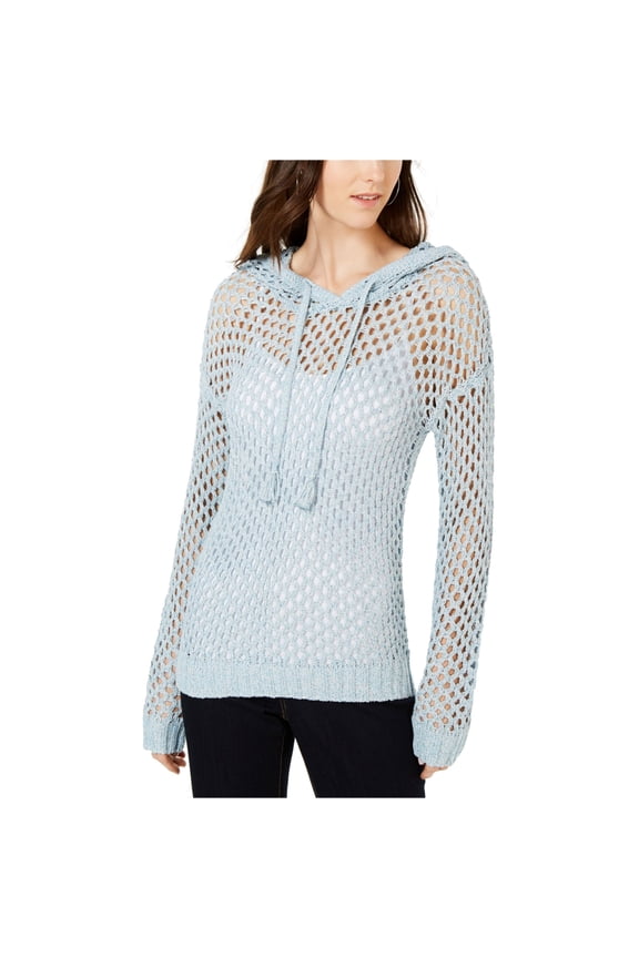 I.N.C Womens Open Stitch Hooded Sweater, Blue, Small
